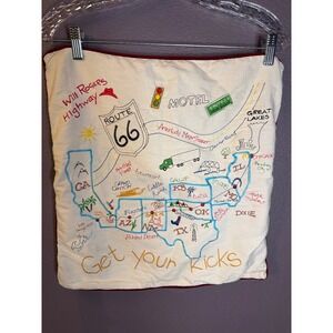 Route 66 Embroidered Souvenir Pillow Cover Will Rogers Highway Map Cream Red